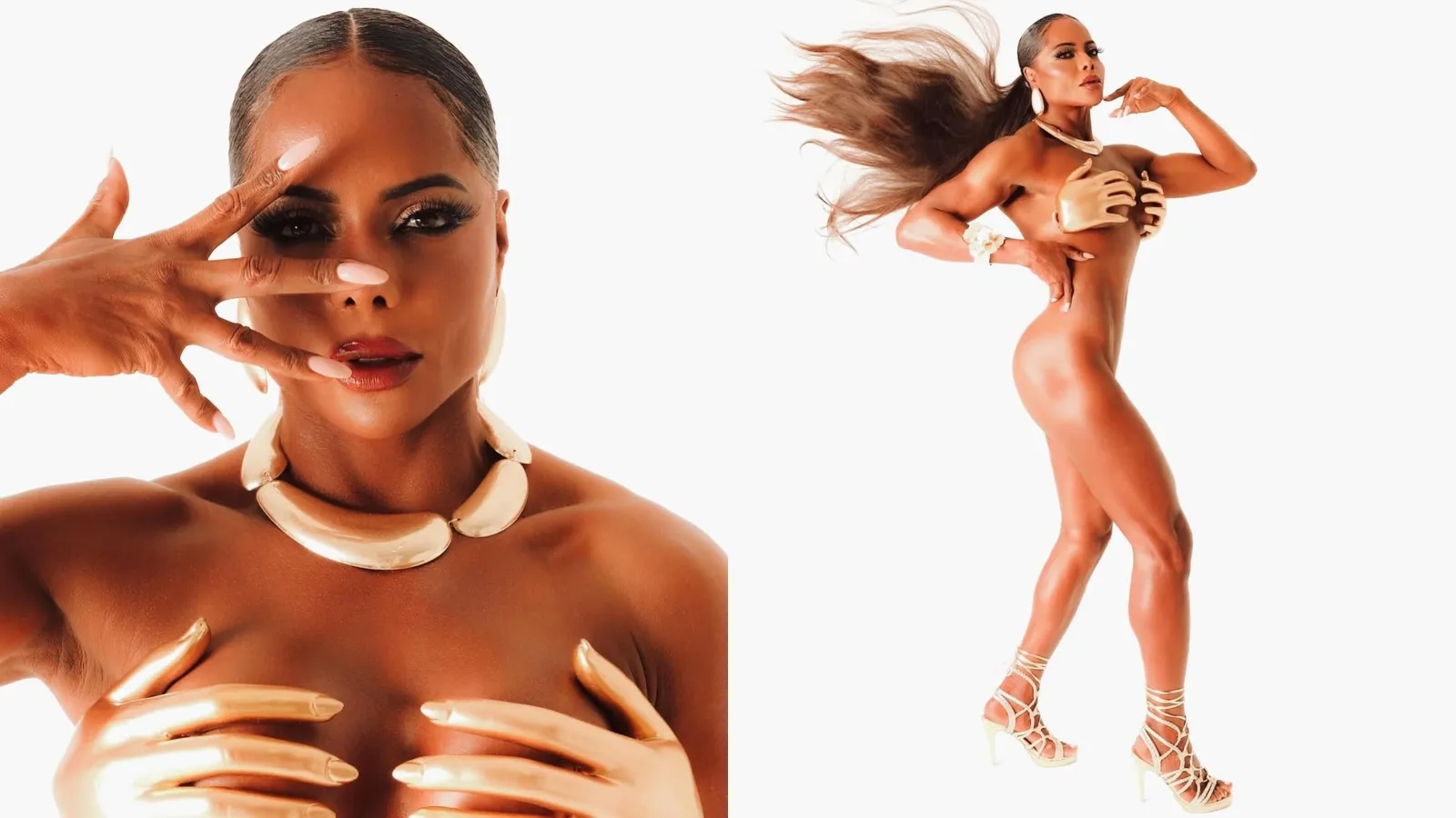 Adriana Bombom exibe ensaio sensual com mãos metalizadas - Imagem do artigo