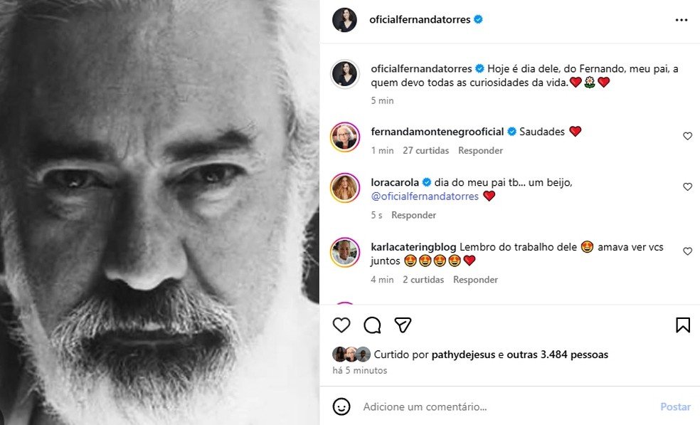 Fernanda Torres homenageia o pai Fernando Torres hoje - Imagem do artigo original