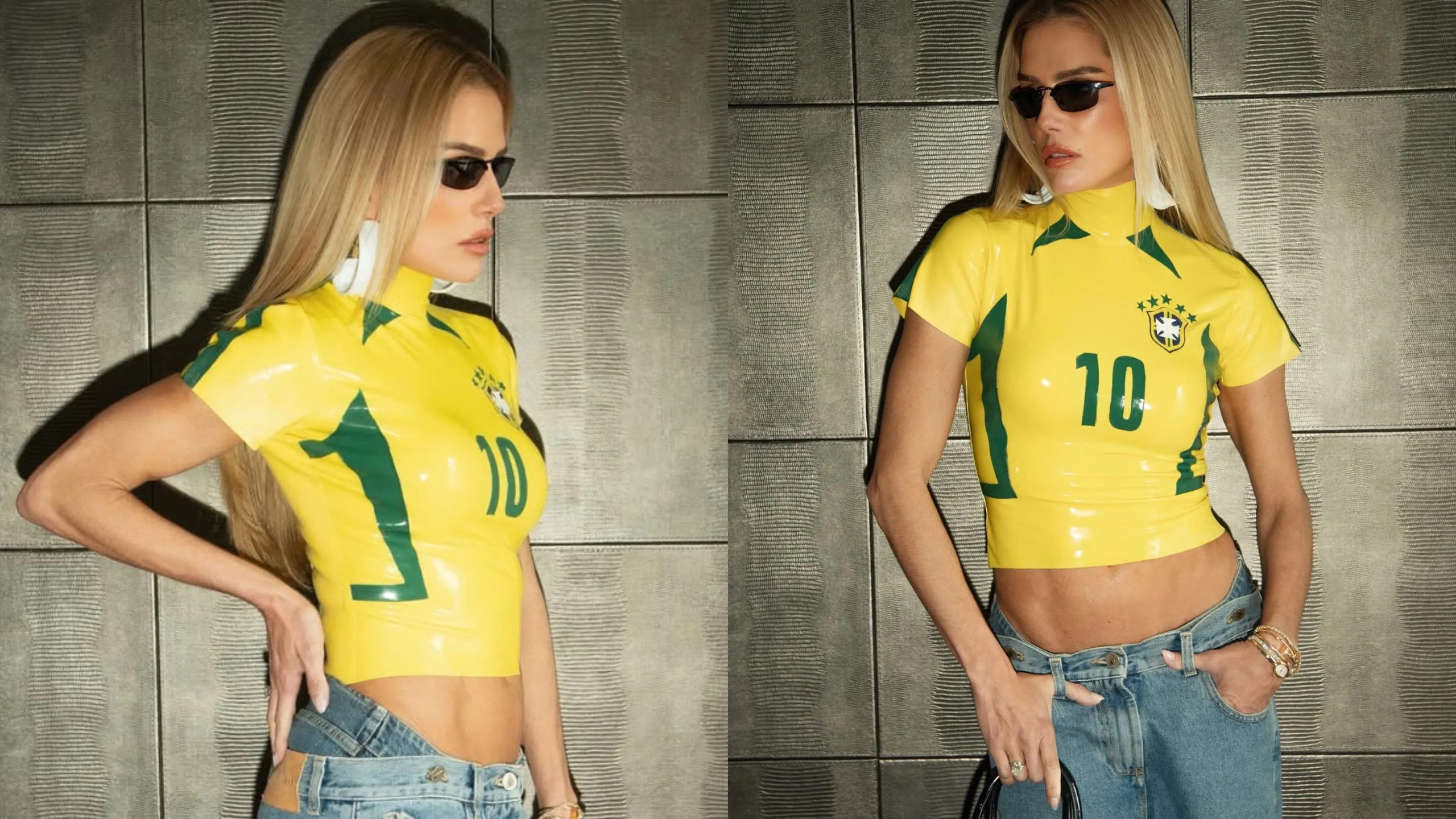 Deborah Secco exibe look camisa 10 em látex na Copa - Imagem do artigo